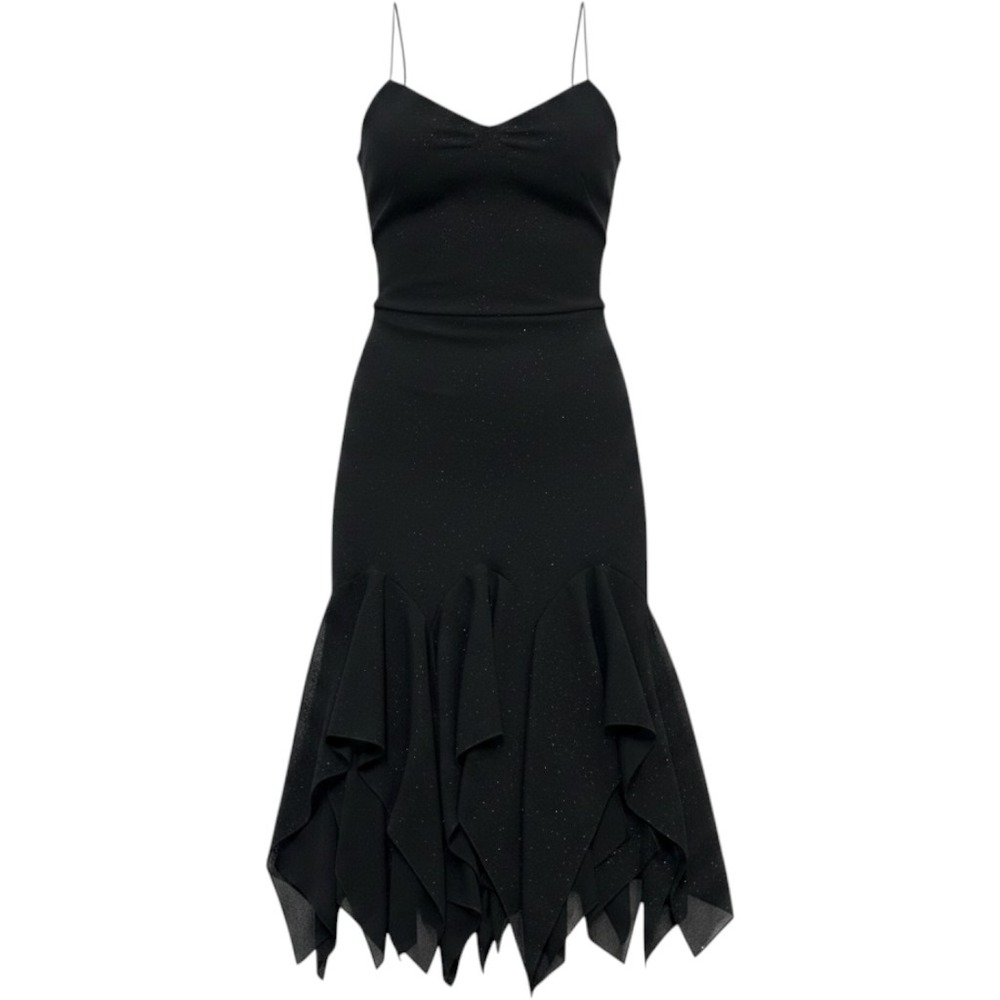 Vintage Y2K Onyx‎ Nite Dress Womens 8 Black Glitter Chiffon Asymmetrical Fairy